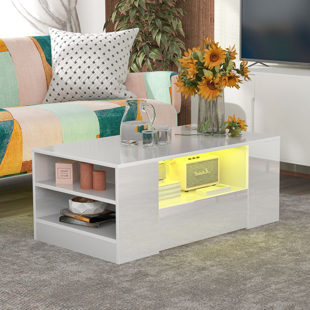 okwish Couchtisch Hochglanz-Beistelltisch,Moderner Wohnzimmertisch mit 2 Schubladen und 2 Ablagen, Möbel-Beistelltisch (95 x 53 x 37 cm) weiß