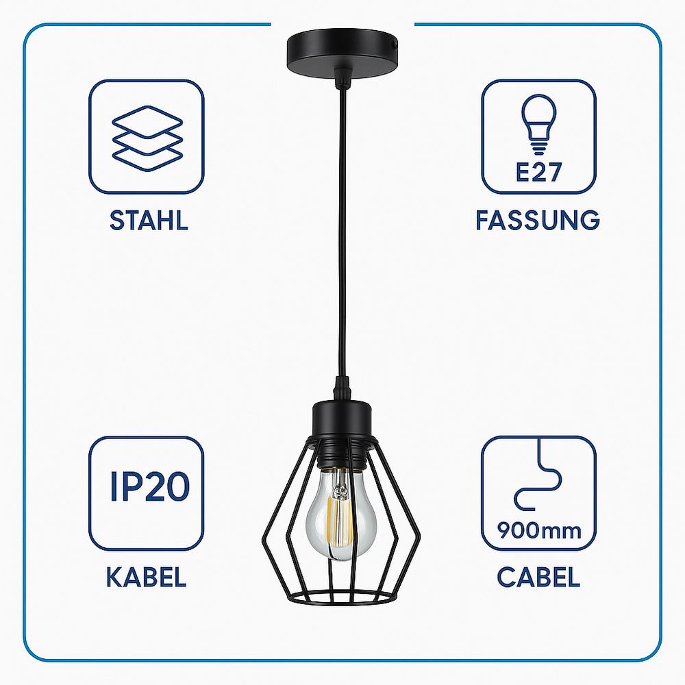 Präsentation einer Stahldeckenleuchte: E27-Fassung, 900mm Kabel, IP20.