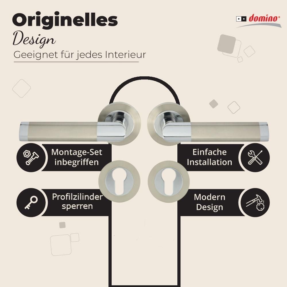 DOMINO Türgriff Drückergarnitur PZ-Profilzylinder Set | Rund-Rosette | Türklinke für Bürotür, Kellertür & Innentür | Türbeschläge aus Aluminium | Chrom/Nickel Türdrückergarnitur | JARO-R ECO M6/M9
