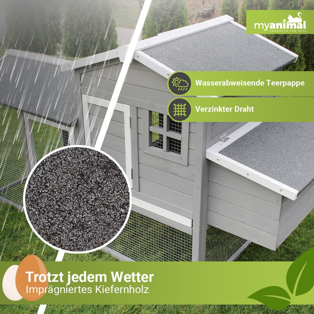 MyAnimal Hühnerstall MH-21 | Bis zu 3 Hühner - Hühnerhaus - Sitzstange - Eiablage - Freilaufgehege - Wasserabweisendes Dach - Kleintierstall (Grau)