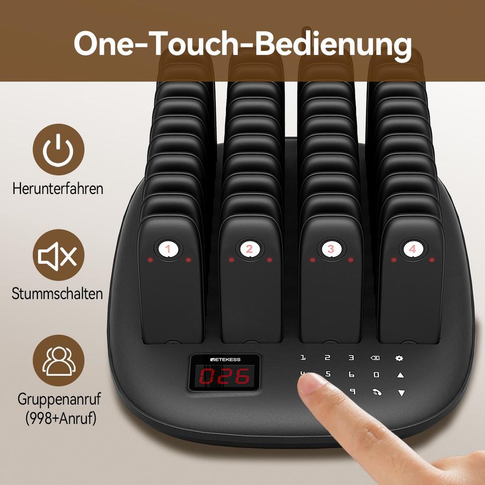 Retekess TD175M Restaurant Pager System, Alarmanlagen, 800 m, 18 Stunden Standby-Zeit , 7 Anrufmodi, One-Touch-Stummschaltung,  40 Mini-Pager für Café