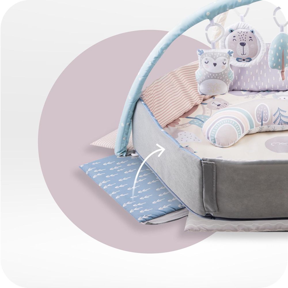 MoMi PASTEL – 2-in-1 Baby Spielmatte mit Bällebad & Sensorik-Spielzeug, fördert Sinne & Entwicklung, inkl. Kissen & Tasche – Pastellfarben
