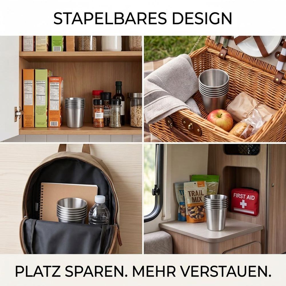 Ineinandergestellte Becher mit platzsparender Stapelfunktion