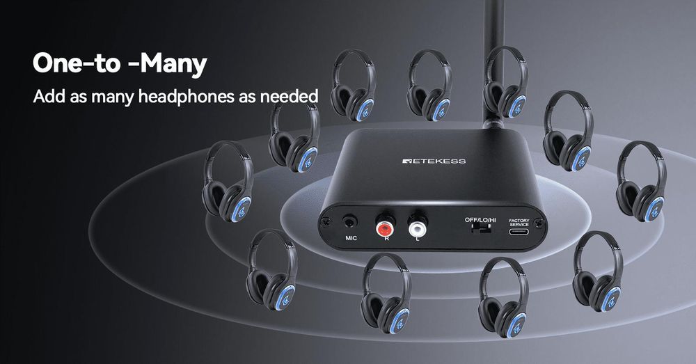 Zestaw startowy Retekess TA004 Silent Disco, bezprzewodowe słuchawki do telewizora, zasięg 200 m, jakość dźwięku Hi-Fi, 20 słuchawek, słuchawki na imprezy, siłownię, jogę