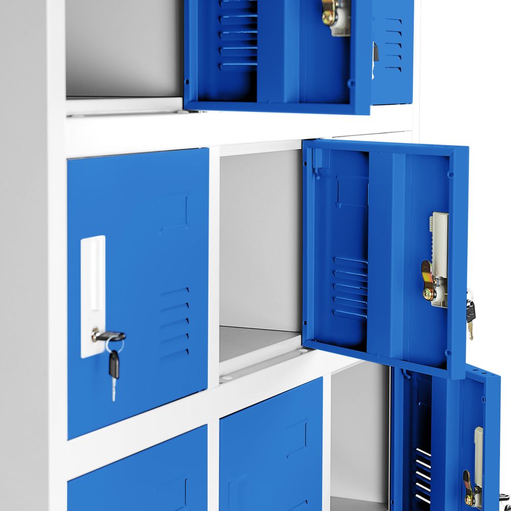 Umkleideschrank 3B6A Fächerschrank Schließfachschrank Wertfachschrank Metallspind Stahlblech 18 Fächer 185 cm x 90 cm x 40 cm Farbe: Grau-blau