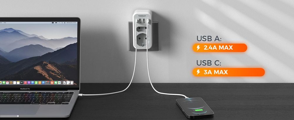 TESSAN USB C Steckdose Mehrfachsteckdose mit 4 USB Netzstecker Steckdosenadapter 2 Fach Stecker 3600W