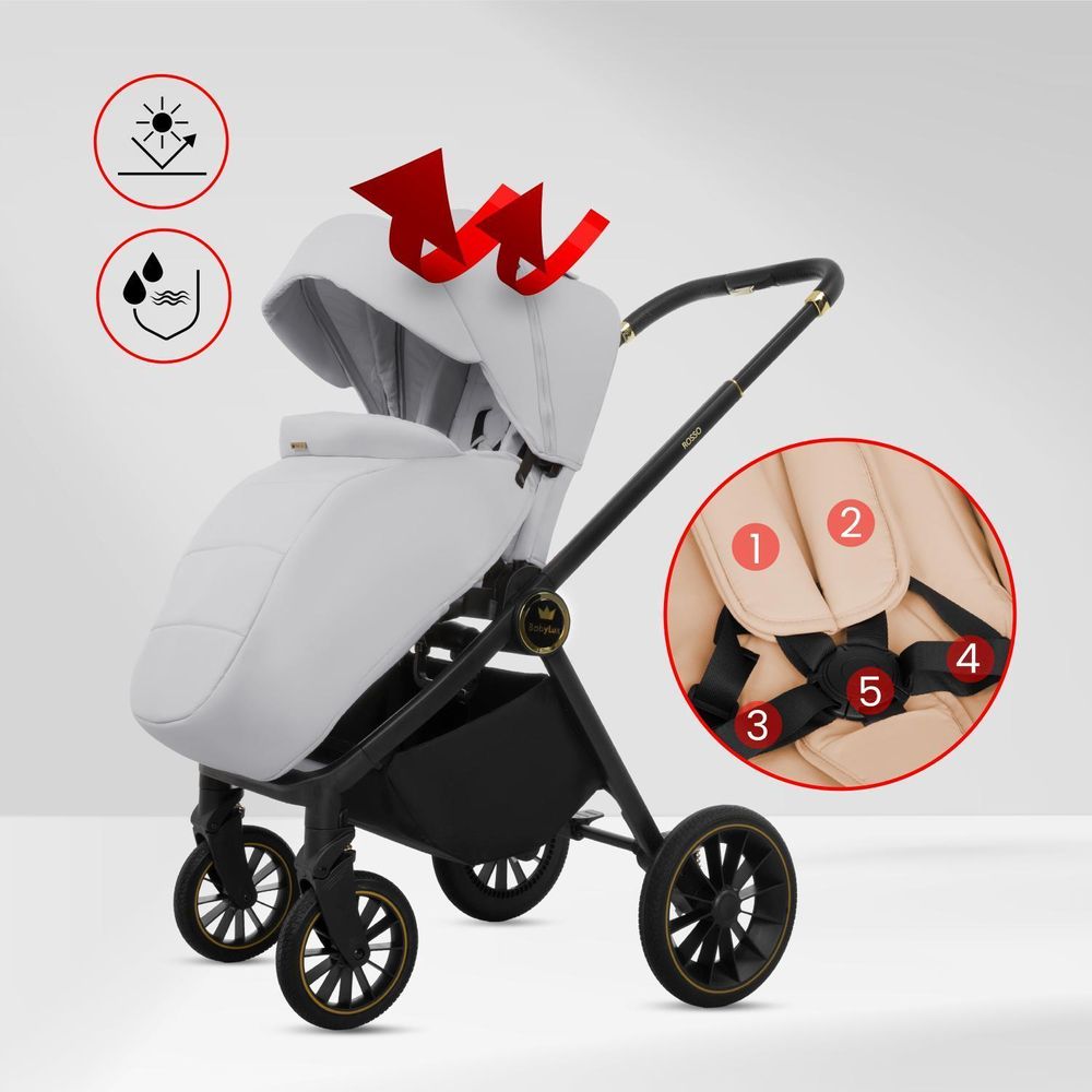 BabyLux® Kinderwagen 3in1 Set ROSSO, Beige Faltbar Leicht Kombikinderwagen Set incl. Babywanne, Buggy Sportsitz, Babyschale i-Size, Wickeltasche