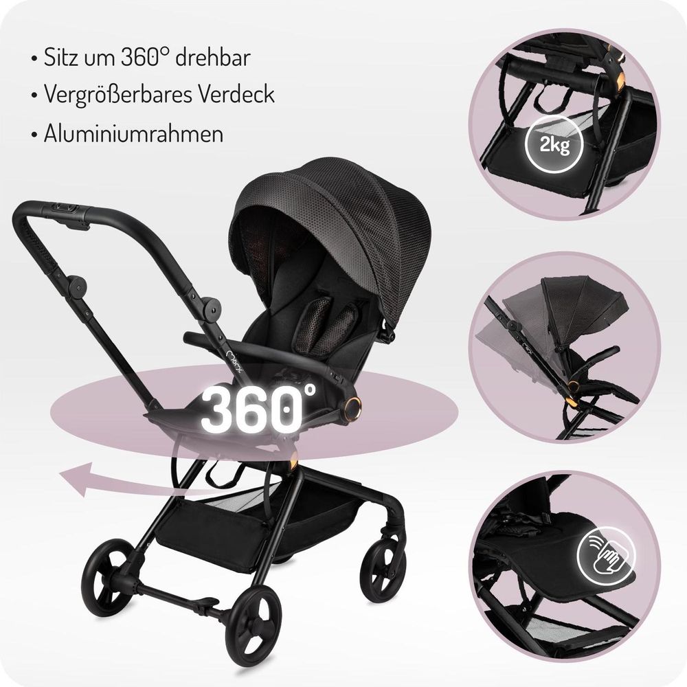 MoMi ADELLE Buggy Kinderwagen - 360° Drehsitz, Leicht, Stoßdämpfung 4 Räder - Schwarz/Rot