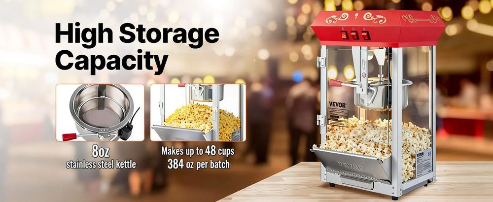 VEVOR Popcornmaschine, 850W Popcorn Popper, 8 Oz Kessel macht 48 Tassen pro Charge, Tisch-Popcornmaschine mit gehärtetem Glas, inklusive 4 Schaufeln, im Kino-Stil, Rot, Rot, 8oz