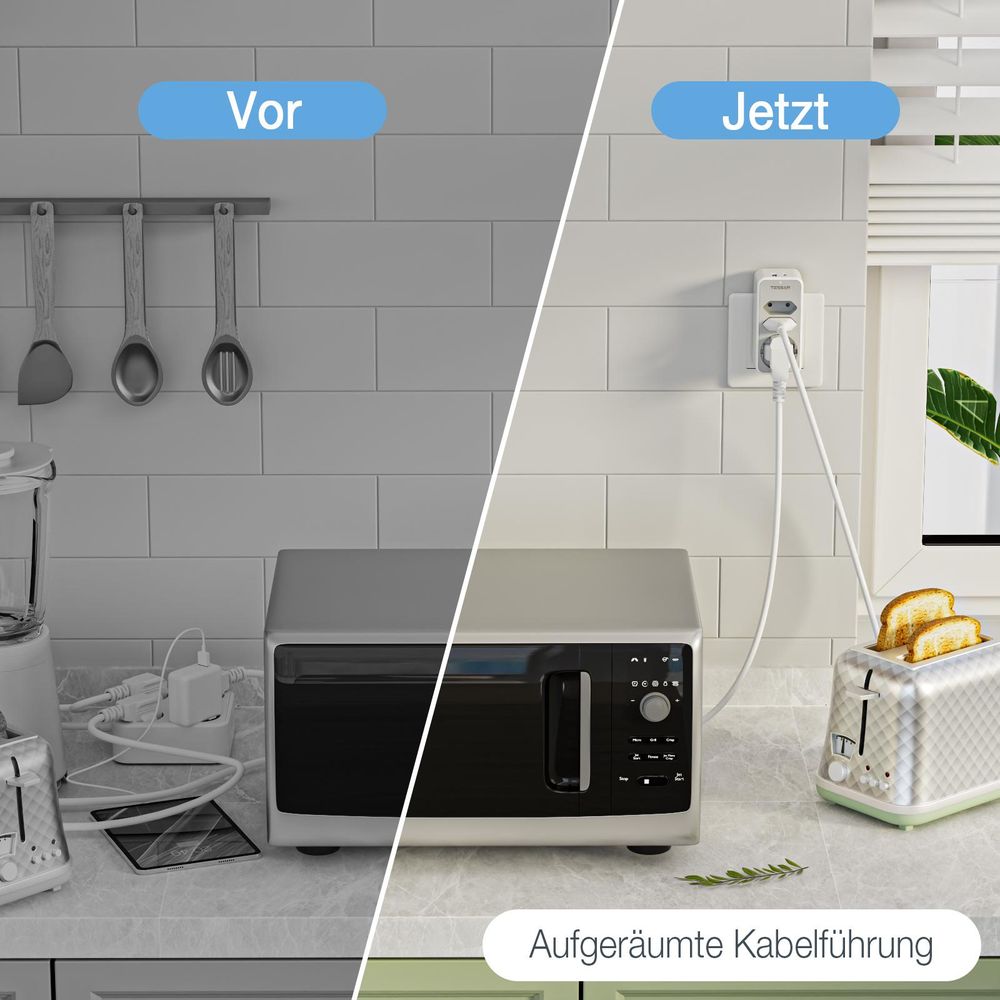 TESSAN Mehrfachstecker für Steckdose Steckdosenadapter 3 Fach mit 1 USB A und 1 USB C 3600W Grau