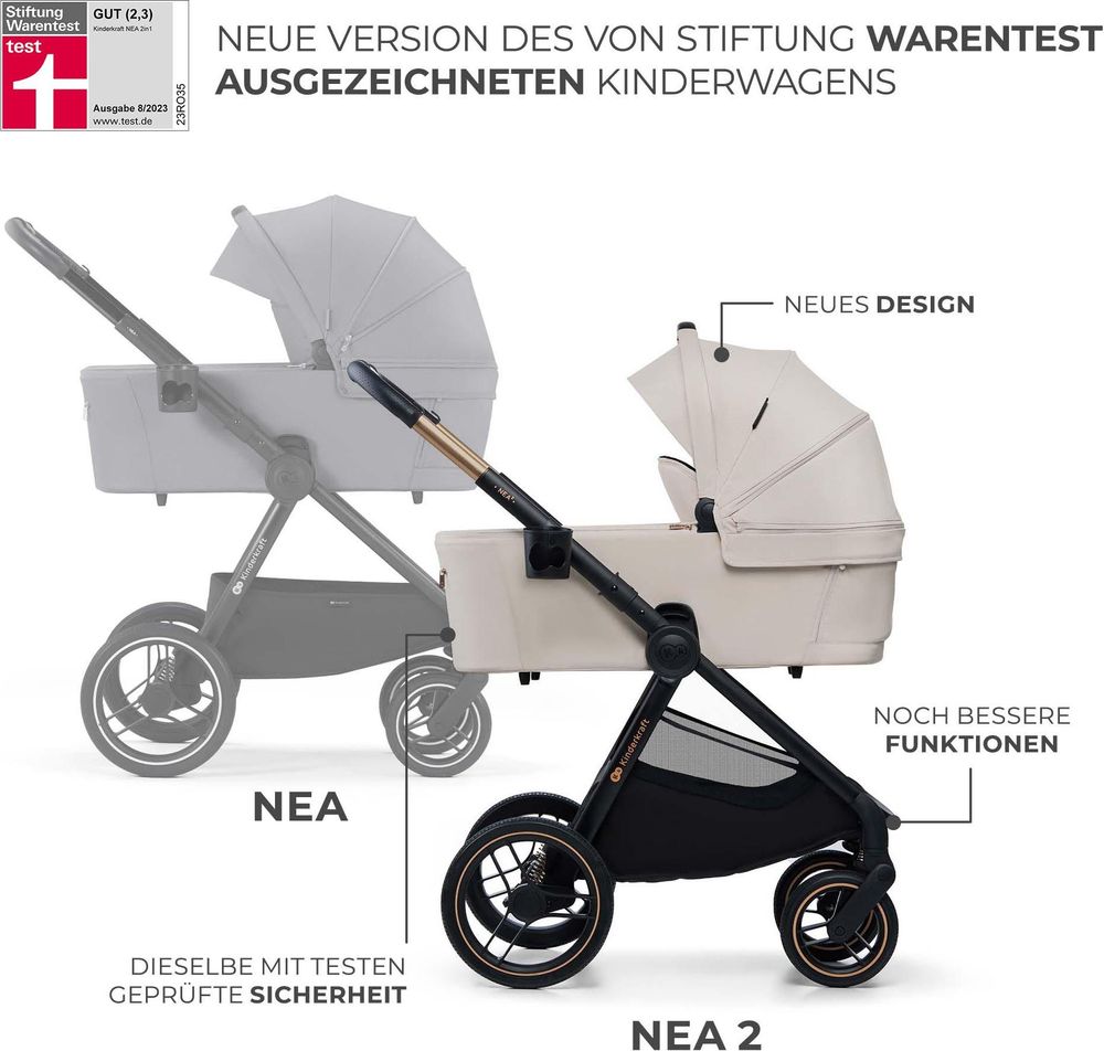 Nahaufnahme des NEA 2 Kinderwagens mit elegantem Design und neuen Features.