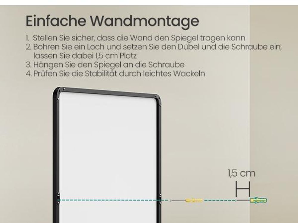 SONGMICS Ganzkörperspiegel mit Vergrößerungsspiegel, Sicherheitsglas, rechteckiger Standspiegel, Rahmen aus Aluminiumlegierung, 165 x 60 cm, schwarz