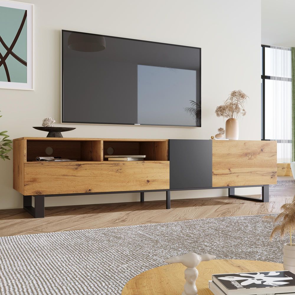 Merax TV-Schrank mit Ablagen, Matt TV-Lowboard Aufbewahrung mit Push-Open-Funktion und Eisenfüßen, Holz Fernsehtisch Lowboard, Eiche