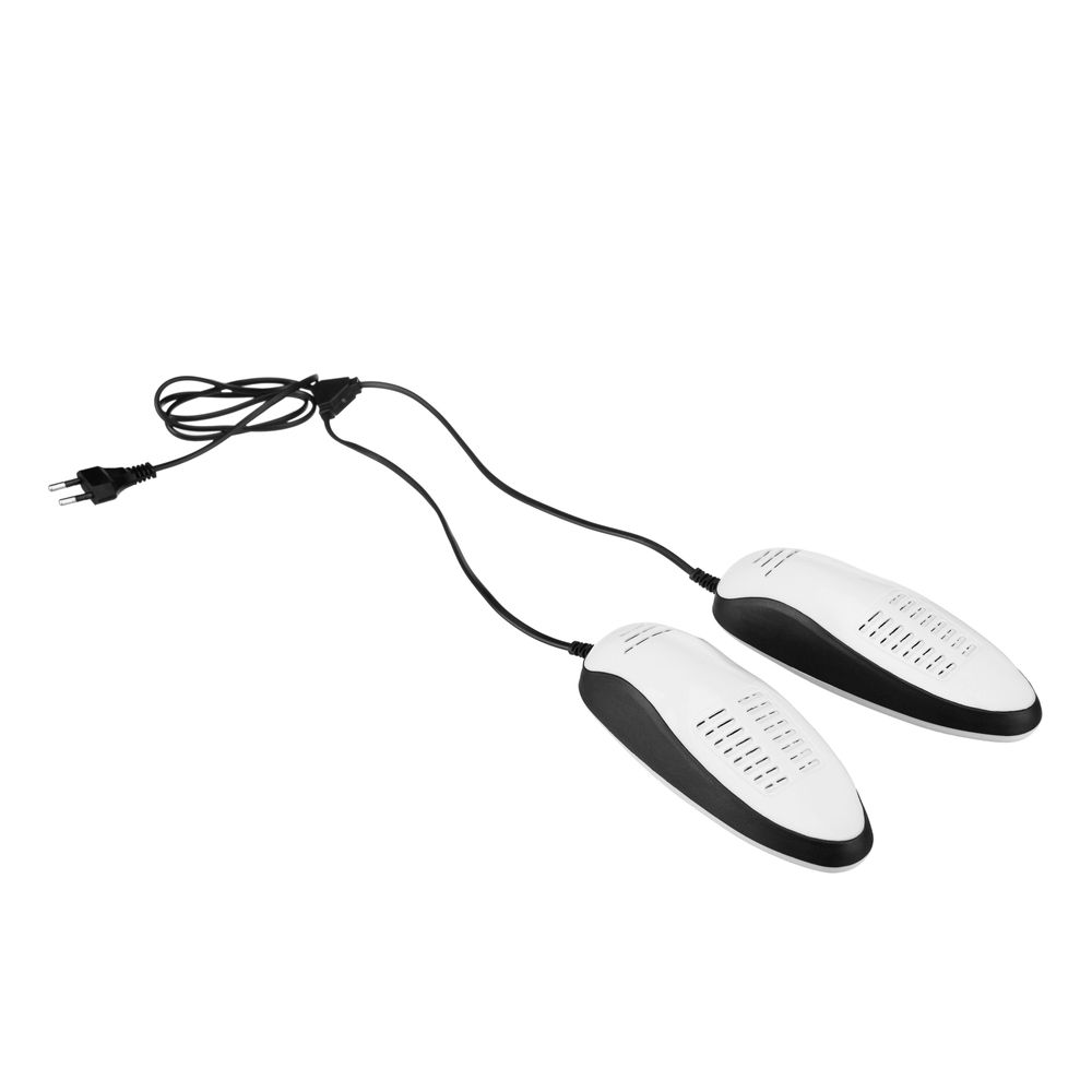 Elektrischer Schuhtrockner mit Kabel und Stecker auf weißem Hintergrund