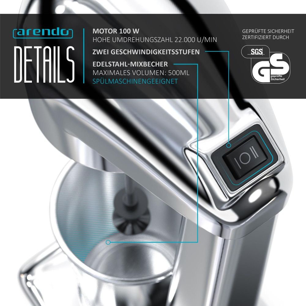 Arendo Getränkemixer elektrisch, 500 ml, 100 W, 2 Geschwindigkeitsstufen, für Protein Drinks Smoothies Eischnee Cocktails, Silber