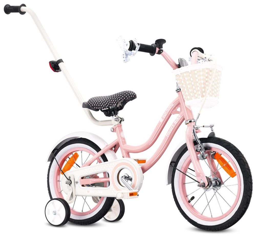 Kinderfahrrad mit montierten Stützrädern und Korb, leicht schräg von vorne.