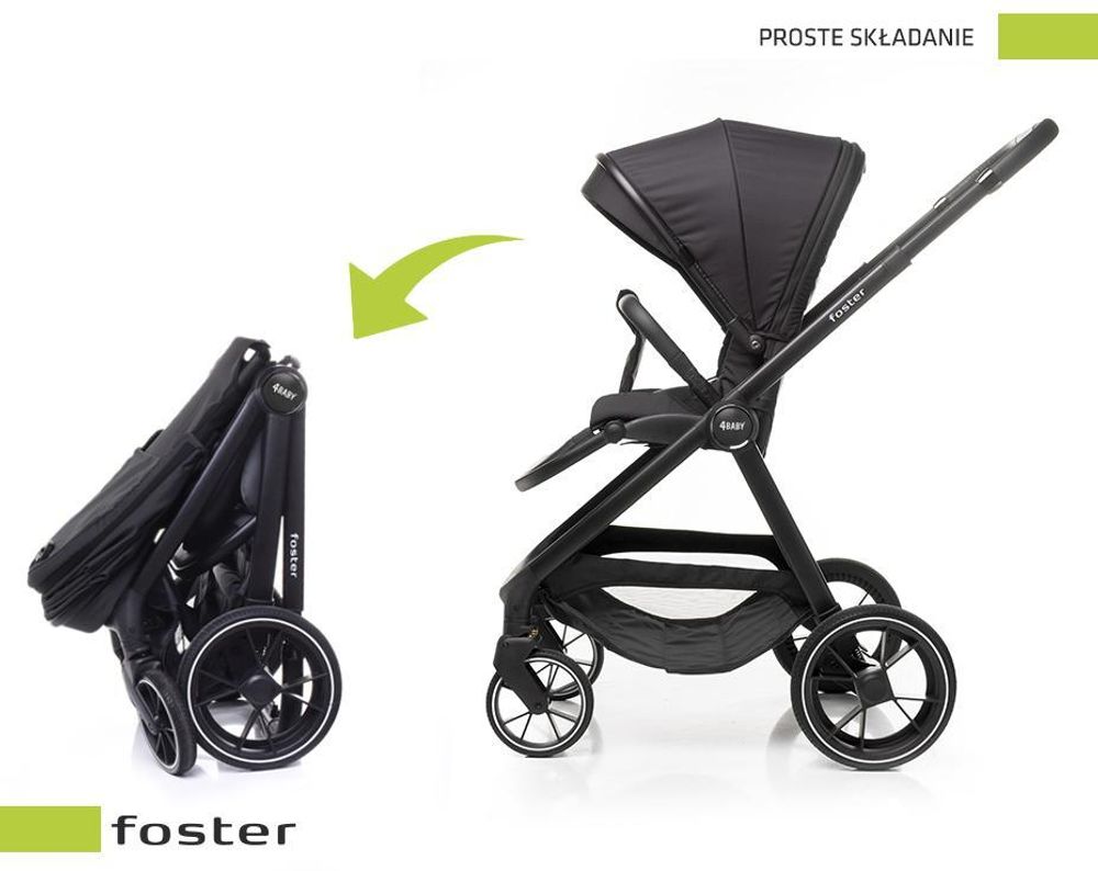4Baby | Wózek spacerowy - Czarny - z obrotowym siedziskiem - lekka aluminiowa rama, 5-punktowe pasy, kosz na zakupy - do 22 kg - Foster
