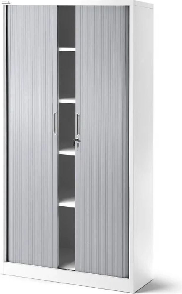 Rollladenschrank T001 Jalousieschrank Aktenschrank Büroschrank 4 Fachböden Rolltür abschließbar 185 cm x 90 cm x 45 cm Farbe: Weiß-grau