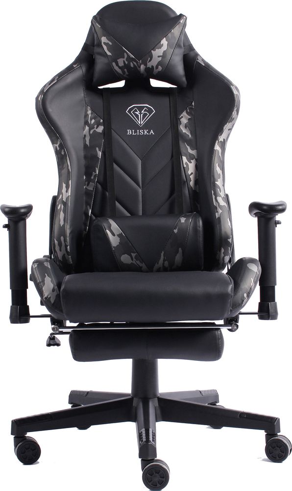 Gaming Stuhl mit Fußstütze und ergonomsichen 4D-Armlehnen gaming chair in ergonomischer Sportsitz Optik Gamer Stuhl mit verstellbaren Rückenstützkissen Bürostuhl,Farbe:Schwarz/Military -Grau