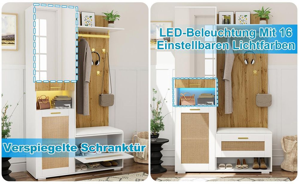 okwish Garderobenset, Kleiderschrank-Set mit Spiegel, 110 x 38 x 190 cm Weiß und Holzoptik, Goldener Kleiderhaken, Schuhschrank, Wandgarderobe, oberem Stauraumfach, LED-Licht