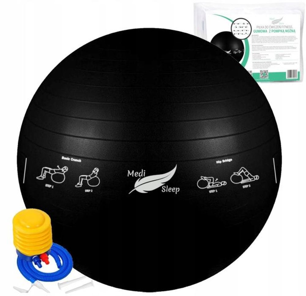 Černý cvičební míč 65 cm s míčovou pumpou, fitness míč s vykreslenými cviky