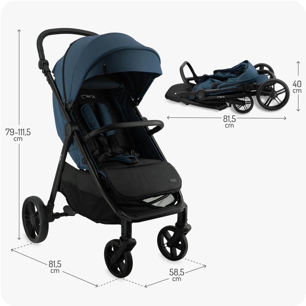 MoMi CLARA – Buggy ab Geburt, bis 22 kg, mit 4-Rad-Federung, Drehbügel & verstellbarem Schiebegriff, inkl. Tasche & Regenschutz – Blau