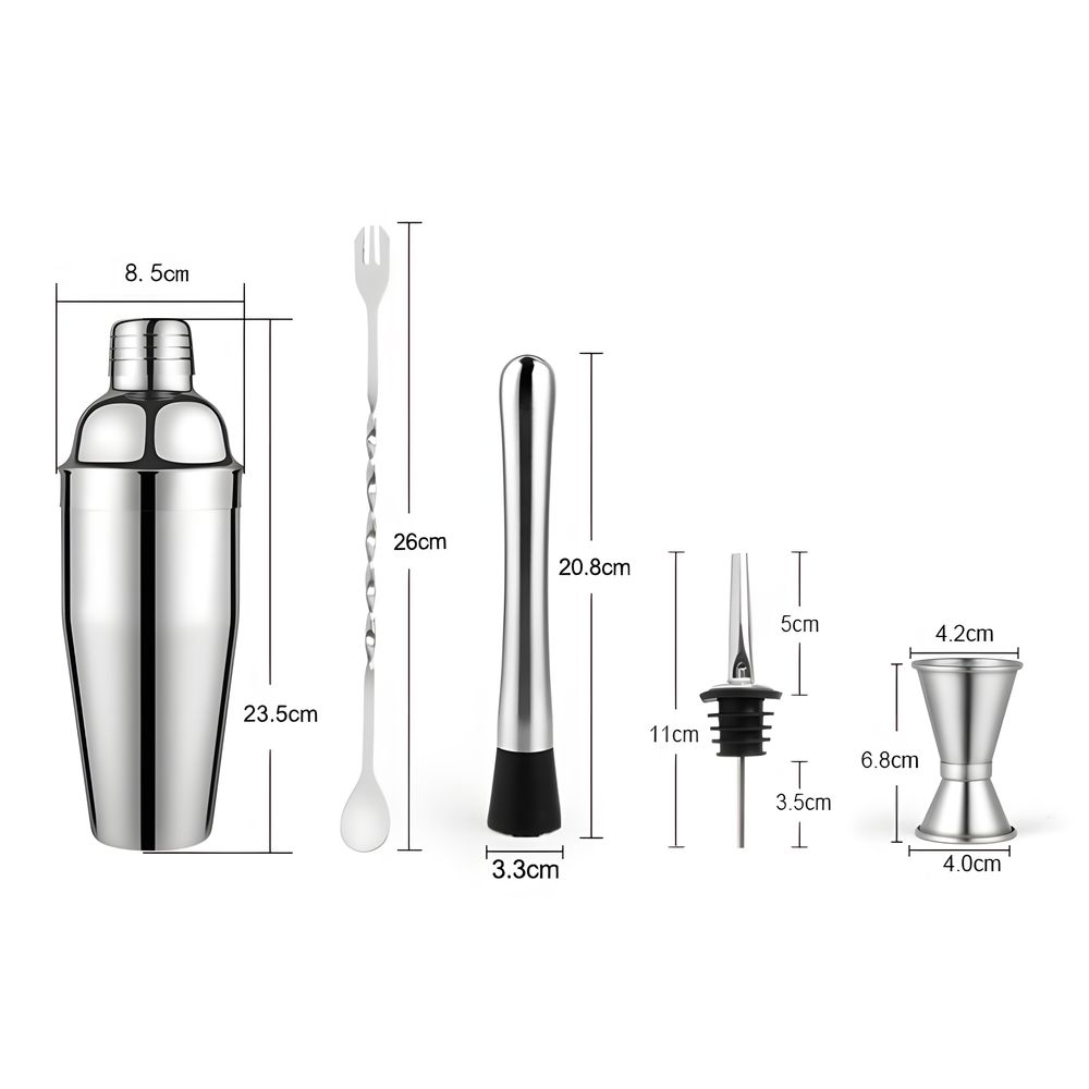 6-tlg Set Cocktail Shaker Edelstahl Cocktail-Set mit Sieb 750 ml Messbecher 2 Ausgießer Stößel Barlöffel Barkeeper Bar Zubehör Cocktailshaker Retoo