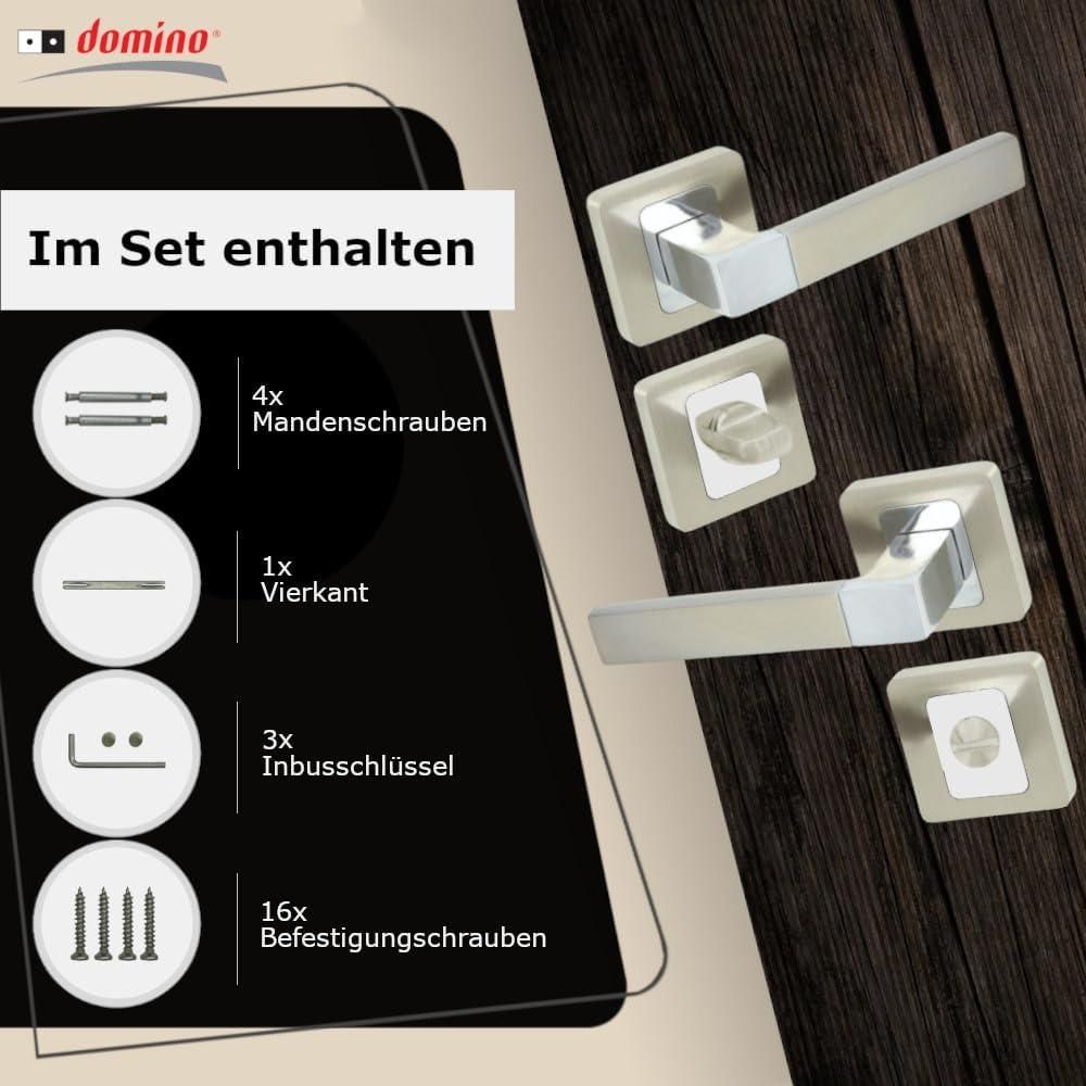 domino Türgriff Innentür Drückergarnitur WC - Badezimmer Set für Zimmertür Türklinke, Türdrückergarnitur mit Schloss Türbeschlag, Set Aluminium Chrom
