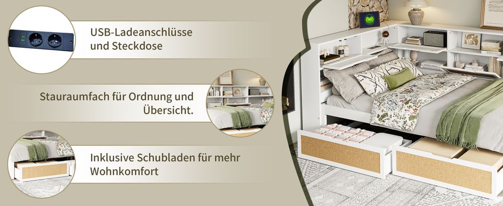 okwish Schlafsofa 140×200 cm，Kinderbett Jugendbett Multifunktionales Einzelbett mit vielen Staufächern und Ladeanschluss，Ohne Matratze，Weiß