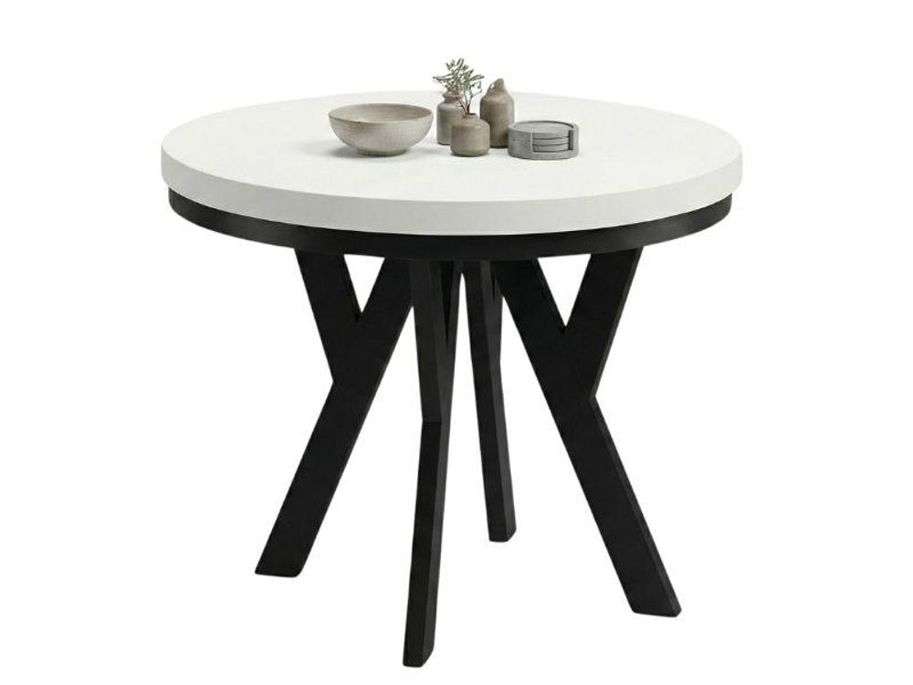 Runder Ausziehbarer Tisch für Esszimmer, PERO mit einem Ring-Gestell, Loft-Stil, Skandinavische, Durchmesser: 90 / 190 cm, Farbe: Weiß / Schwarz