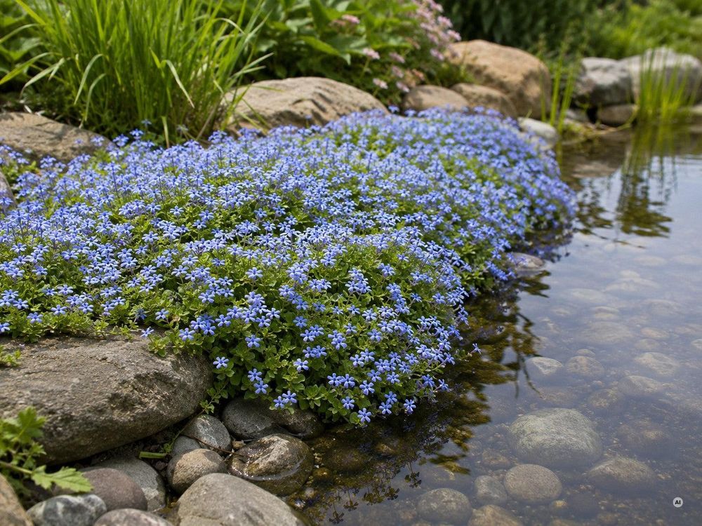 Blauer Bubikopf am Teichrand, liebt frische feuchte Böden