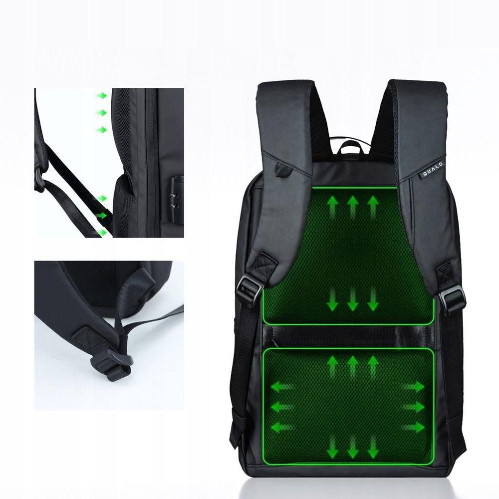 Qualo, Rucksack wasserdicht mit USB-A/USB-C, Anti-Diebstahl-Zipper, Schwarz