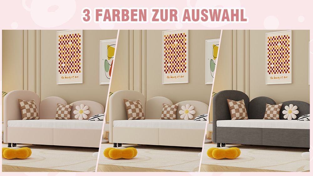 MODFU Kinderbett Polsterbett 90x200cm mit Ausziehbett，  Jugendbett Schlafsofa  90x190cm und Lattenrost, Samt gepolstert Daybed , Rosa(Ohne Matratze)