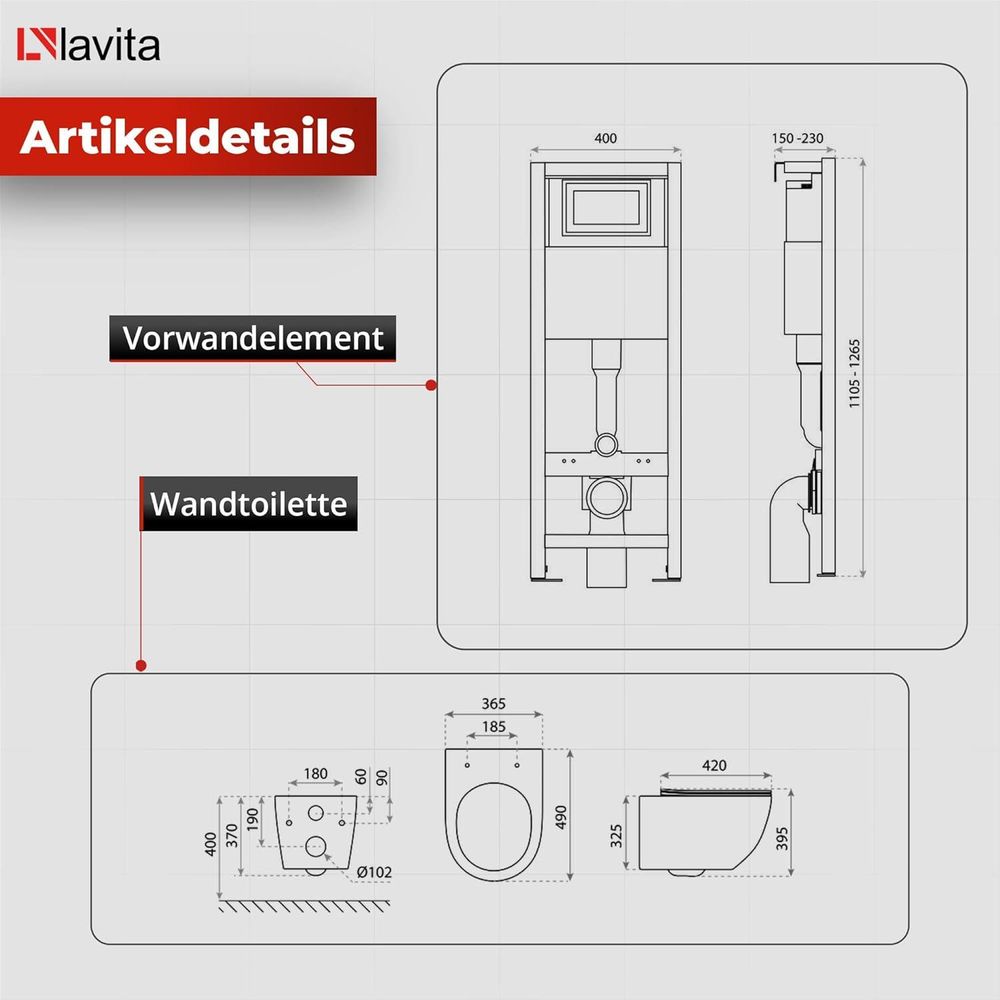 Lavita LAV 101 Vorwandelement für WC 40cm + Wand Hänge Tiefspül WC BRAVA Schwarz Spülrandlos + Bedienplatte LAV 200.3.4 Schwarz | Komplettset | Unterputz Spülkasten | Toilette Komplett Sett