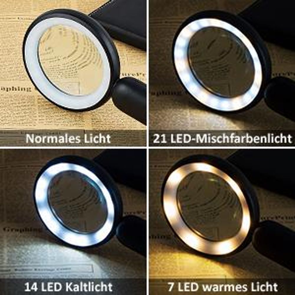 LED Lupe, Leselupe mit Licht, Handlupe, Juwelierlupe, 15-fache Lupe, 3 Beleuchtungsmodi, für Arbeiten in der Nähe, Lesen, Schmuck, Erkunden Linsentuch