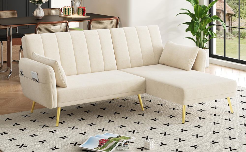Merax Ecksofa mit Schlaffunktion, L-Form Klappsofa Schlafsofa, 3-stufig verstellbar, 3-Sitzer Sofa, Couch, Bettsofa, Wohnzimmersofa, Velvet, Beige