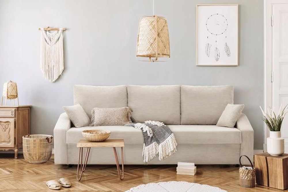 Couch mit schlaffunktion Wohnzimmer Couch mit Bettkasten AIKIDO 223x90cm Beige
