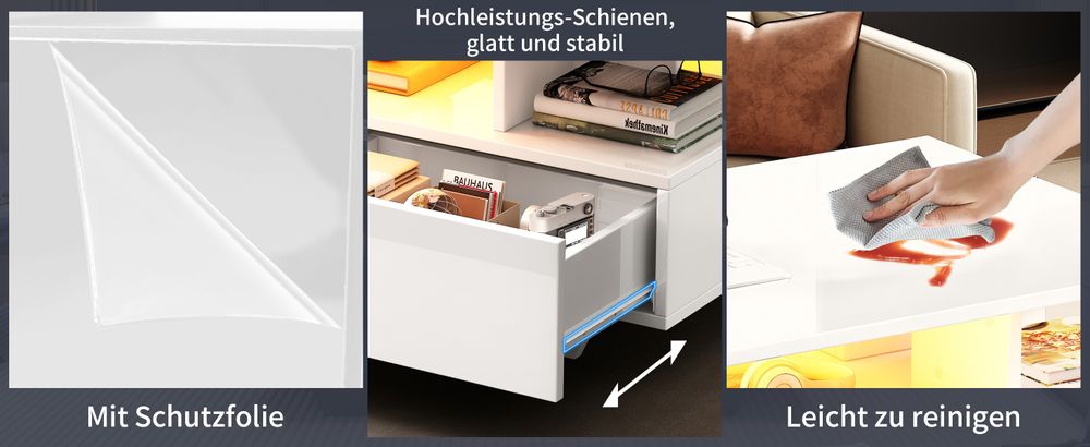 okwish Hochglanz-Couchtisch Beistelltisch mit LED-Beleuchtung und 2 Schubladen,90x55x41–Beistelltisch mit Stauraum,Belastbar bis 30 kg, Weiß