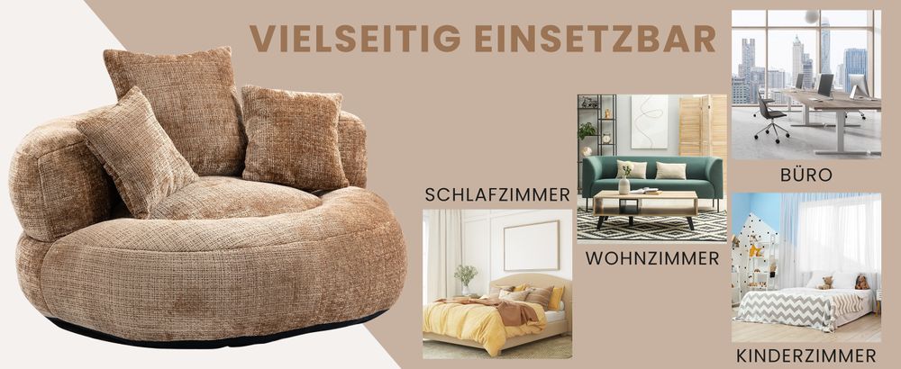 MODFU Lazy Sofa Sitzsack Schlafsofa  Relaxsessel Posterstuhl,Extrabreit mit 3 Kissen,Kaffee Chenille