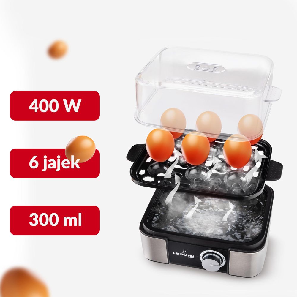 Jajowar LEHMANN na 6 jajek, sygnał dźwiękowy, automatyczne wyłączanie, 5 programów, w zestawie miarka do wody z nakłuwaczem do jajek, 400W