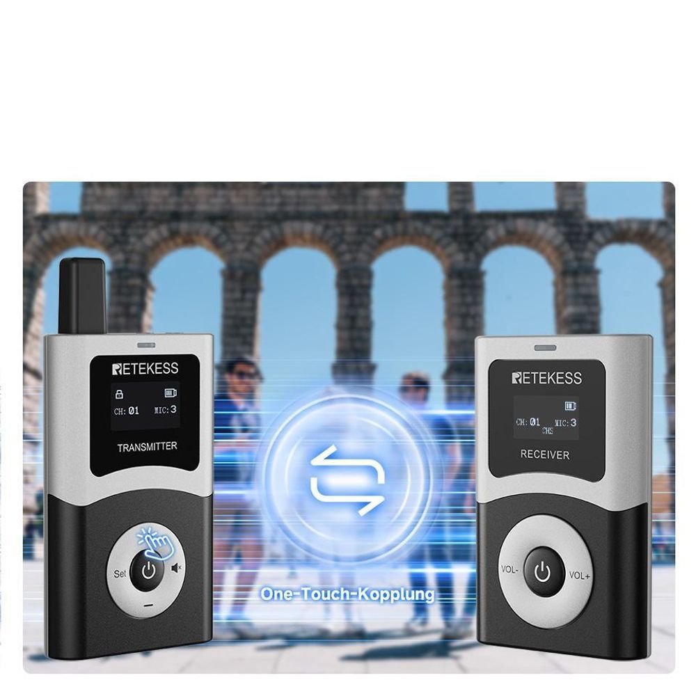 Průvodcovský systém Retekess T130U, mikrofon a reproduktor pro průvodce, 200 m, vysílač s Bluetooth, ovládání jedním tlačítkem, pro cestovní kanceláře muzeí