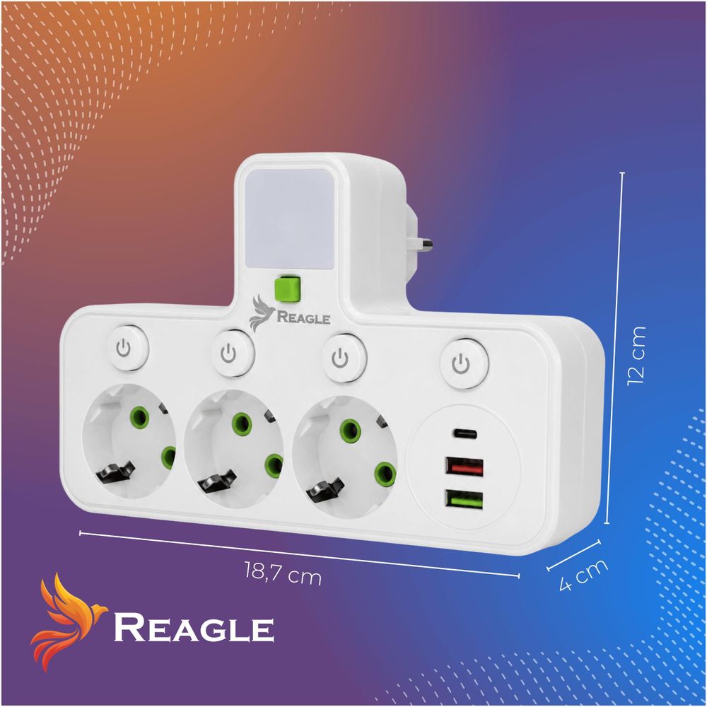 Verlängerungskabel, Steckdosenleiste, Verteiler Mit 3 Steckdosen (230 V) Und 3X Usb-Anschlüssen, Led-Lampe Reagle