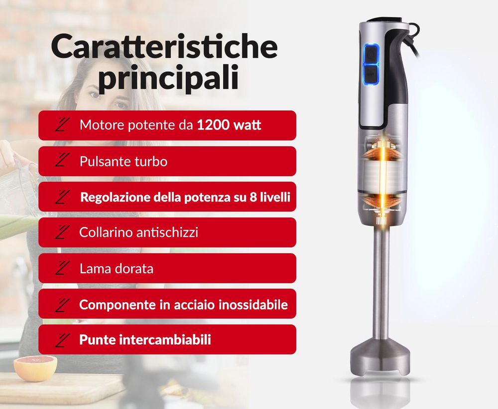 LEHMANN Set Frullatore a immersione, 8 livelli di velocità, Turbo, Accessori inclusi, 1200 W
