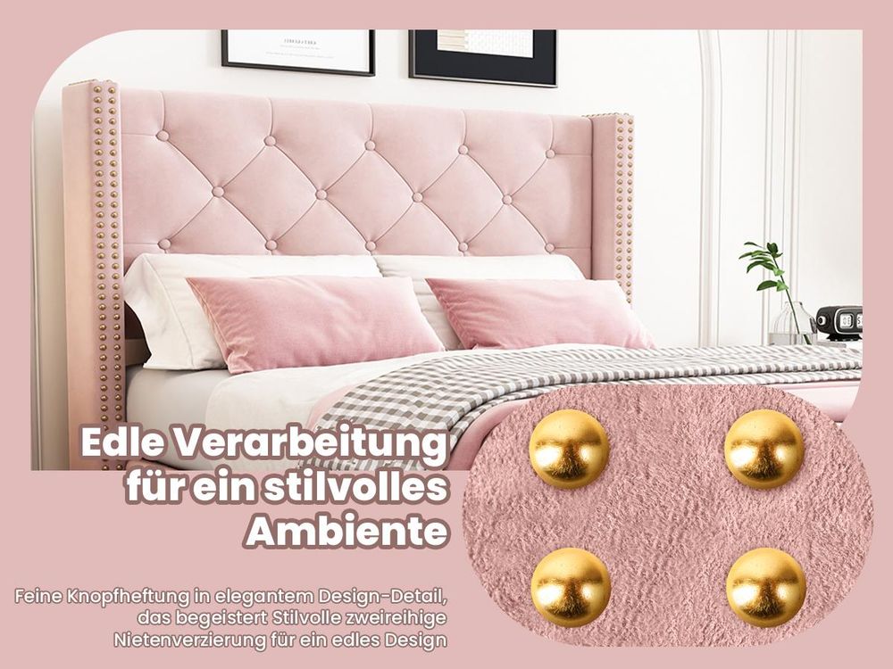 okwish Polsterbett Jugendbett 90×200cm Einzelbett mit Lattenrost und Kopfteil,Knopfpolsterung, Nietenpolsterung,aus Samt, Rosa-ohne Matratze