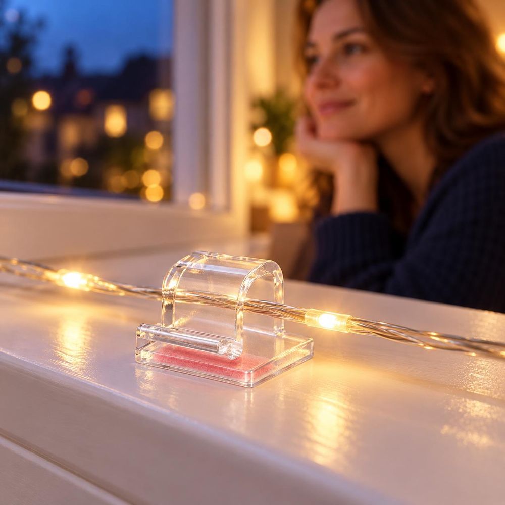 Klebeclip mit Lichtkabel auf einer Fensterbank; im Hintergrund eine Person im warmen Raum.