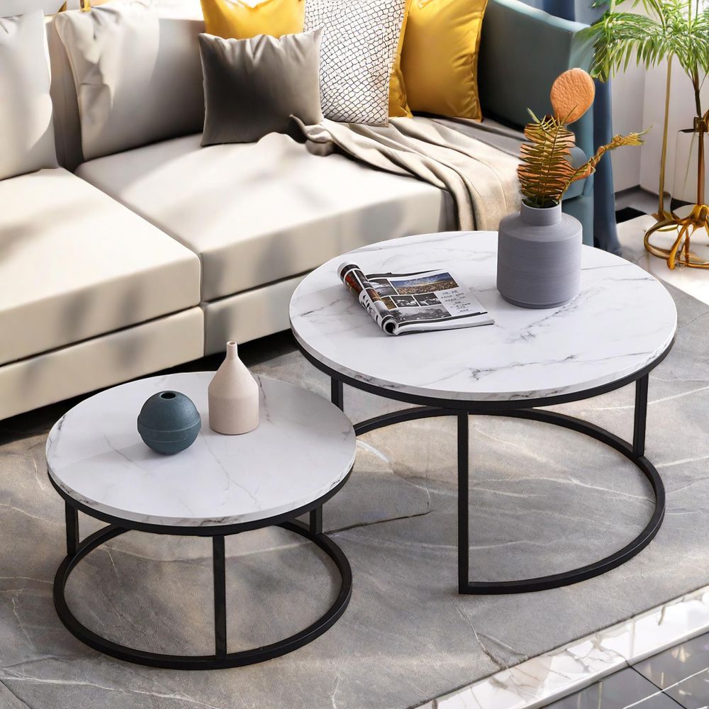 Fortuna Lai Couchtisch 2er Set Beistelltisch Rund 80 x 45 cm & 60 x 33 cm Wohnzimmertisch Sofatisch Marmor Muster Holztisch Metallrahme Schwarz