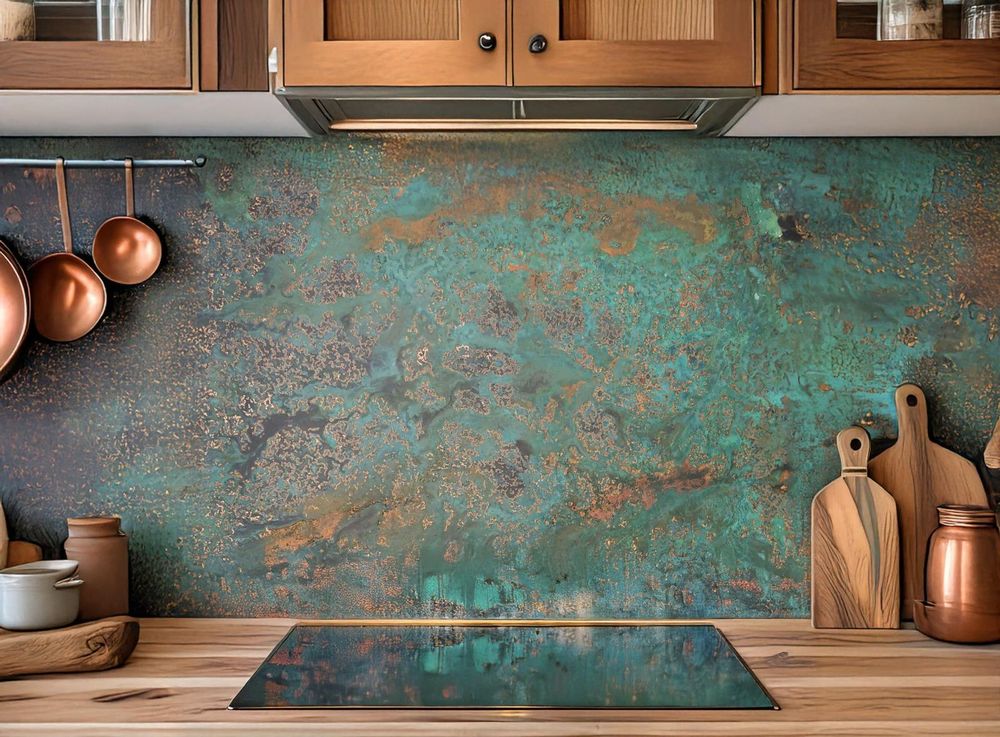 CopperAndCraft Küchenwand Spritzschutz, Kupferplatte Muster, Echtes Kupfer Wandpaneel, Handgefertigtes Metallkunstwerk mit Blauer Patina