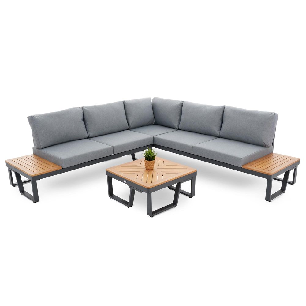 di volio Gartenmöbel Set Veledo, Garten Möbel für Outdoor - wetterfest & bequem, aus Aluminium und Holz, 2-Sitzer & 3-Sitzer Sofa und Couchtisch