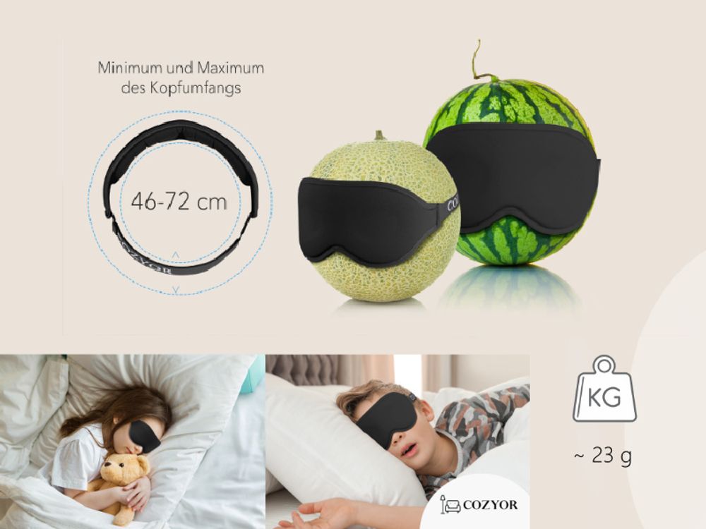 COZYOR Schlafmaske mit 3D Polster 100% dunkel für Seitenschläfer mit Silkon Ohrstöpseln, mit verstellbarem Gummiband