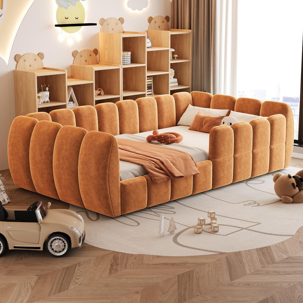 Merax Gepolstertes Kinderbett Bodenbett 90x200cm, Samtbett mit geschlossenem Design und abgerundeten Ecken, Montessori Bett für Jugendliche, Orange